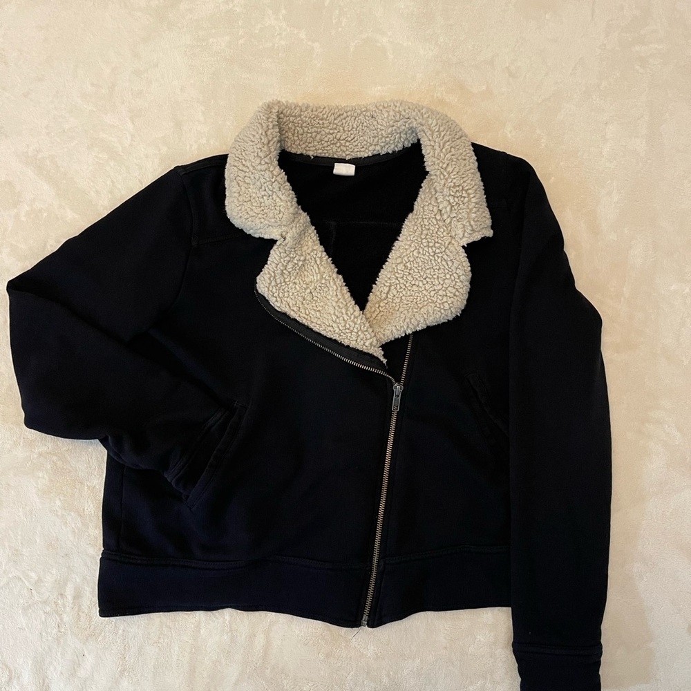 Wild Pearl Black Moto Jacket Sherpa Collar Asymmetric Zip XL Cozy